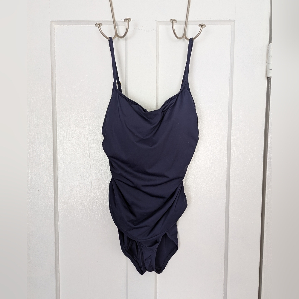 Anne Cole navy ruched one piece swimsuit goldtone details